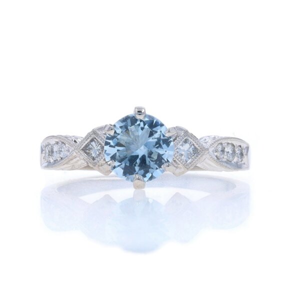Platinum Aquamarine & Diamond Ring - Round 1.43ctw Etched Milgrain